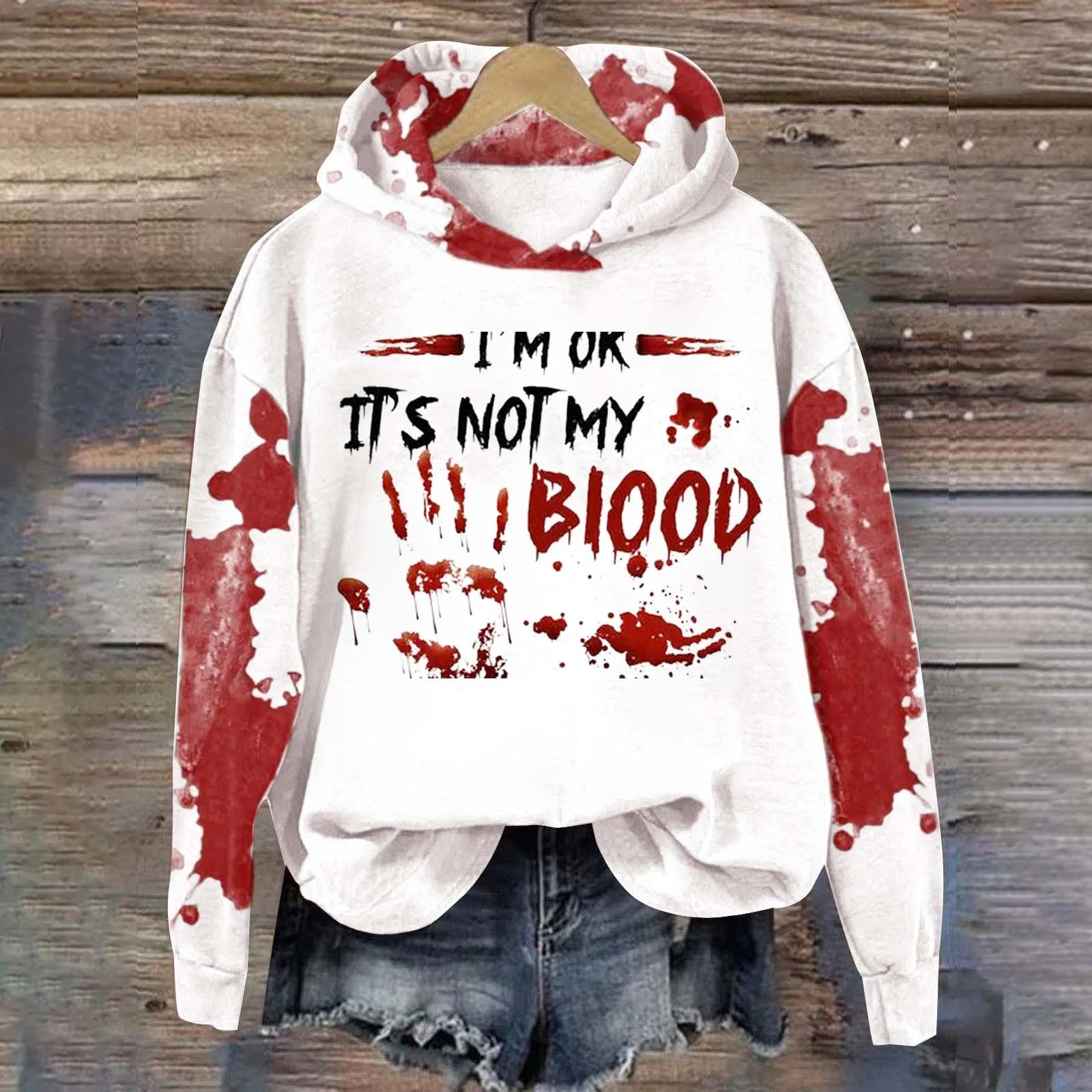 

Women's Halloween Printed Bloody Hooded Sweatshirt Casual Loose Fitting Winter Hoodies Long Sleeved Streetwear Pullovers