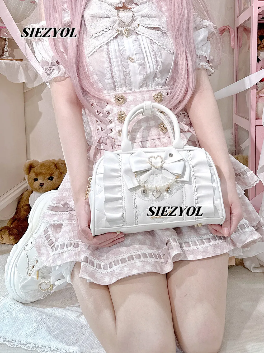 Original Japanese Style Bowknot Beaded Cosmetic Tote Bag Sweet Handbag Travel Everyday Women's Pu Crossbody Shoulder Bags