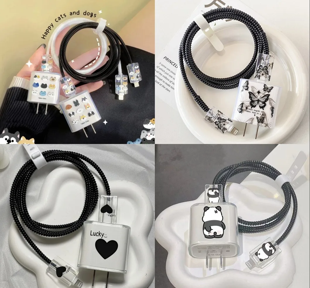 Panda Cat Dog Lucky Butterfly 5pcs Charging Data Cable Protector Winder Accessories For iPhone 18/20w Charger Protective Cover