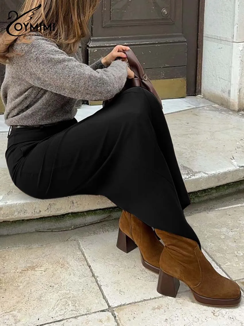 Oymimi Fashion Black Pockets Women's Skirt Elegant High Waisted Straight Skirts Casual Solid Ankle-Length Skirts Female Clothing