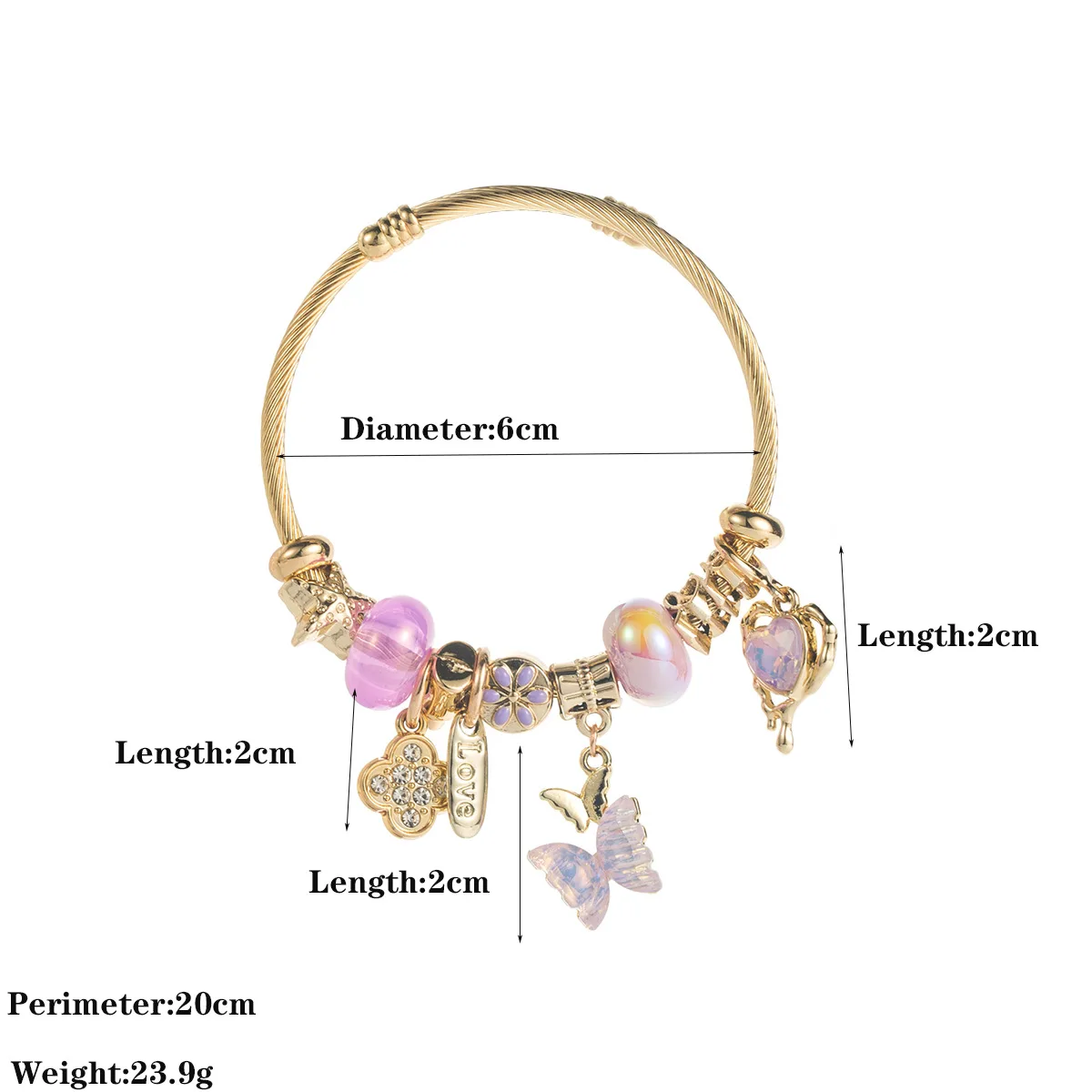 Dreamy Iridescent Glass Bead Butterfly Charms Bangle Romantic Heart Pendant Expansion Wire Bracelet Sweet Fashion Girl Wristlet