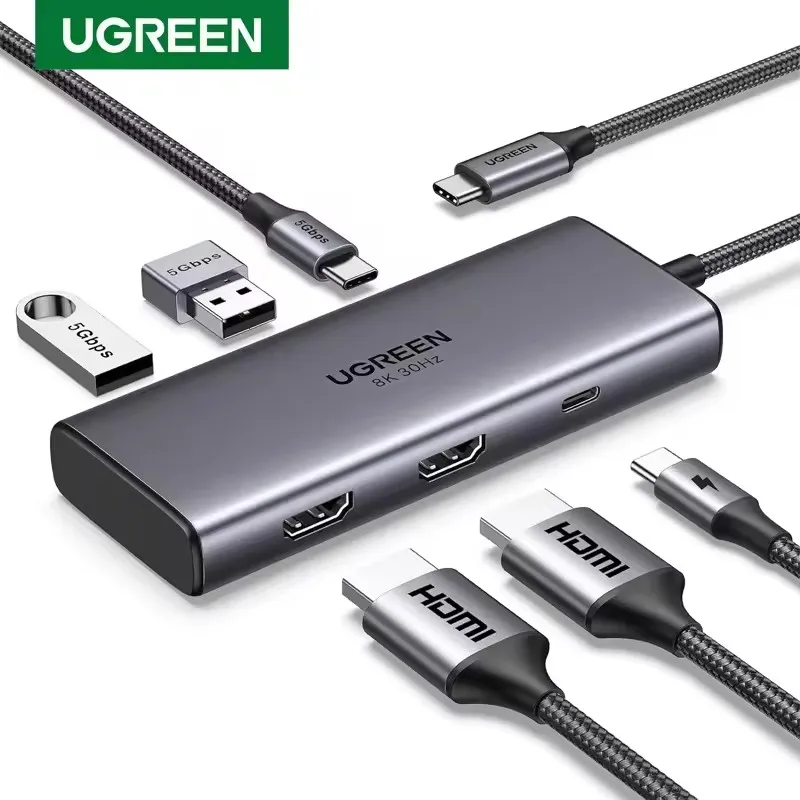 Revodok UGREEN 206 Docking Station 6 in 1 USB C Hub Dual HDMI 4K 60Hz Single 8K 30Hz 100W PD 5Gbps Data Ports USB C Hub for PC