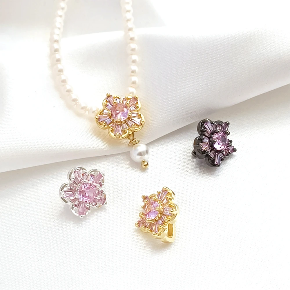 2 Pieces 13x9mm Brass Coated Gold Zircon Inlay Big Flower Closing Clip DIY Jewelry Making Necklace and Bracelet Accessories