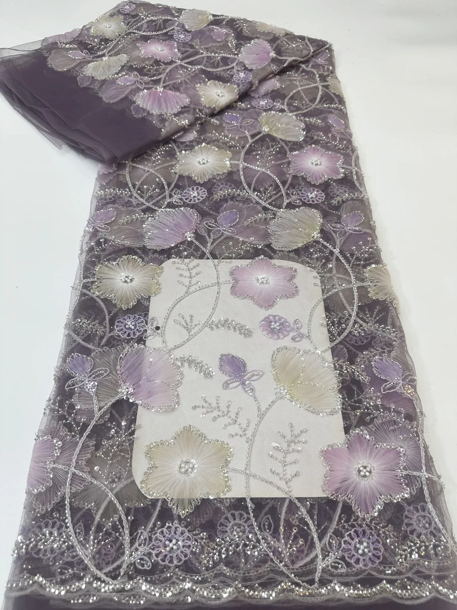 

New Design Luxury Colorful 3D Handmade Beads Sequins African Lace Fabric 2025 Beaded French Lace Fabric For Party Dress LYX2506