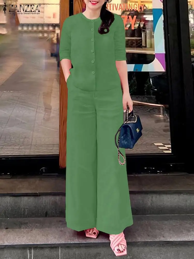 

ZANZEA Fashion Summer Women Elegant OL Work Trousers Suits Casual Tracksuit 2 Piece Outfits Half Sleeve Shirt Pants Sets 2PCS