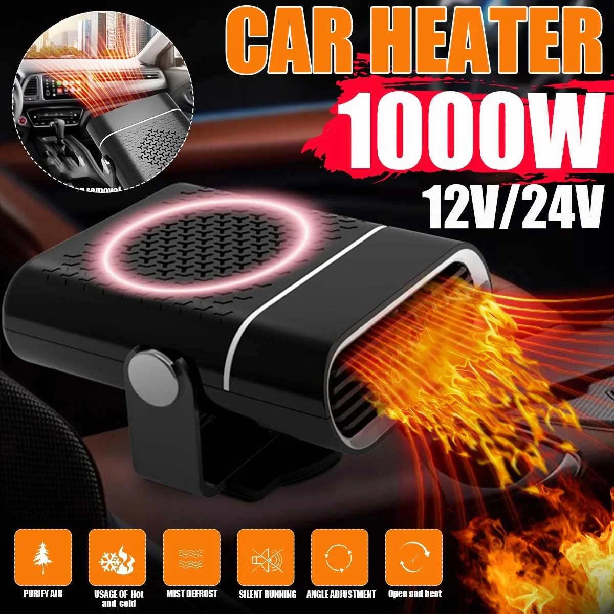 12V/24V 1000W Car Heater Electric Heating Fan Portable Electric Dryer Windshield Defogging Demister Defroster For Car Home