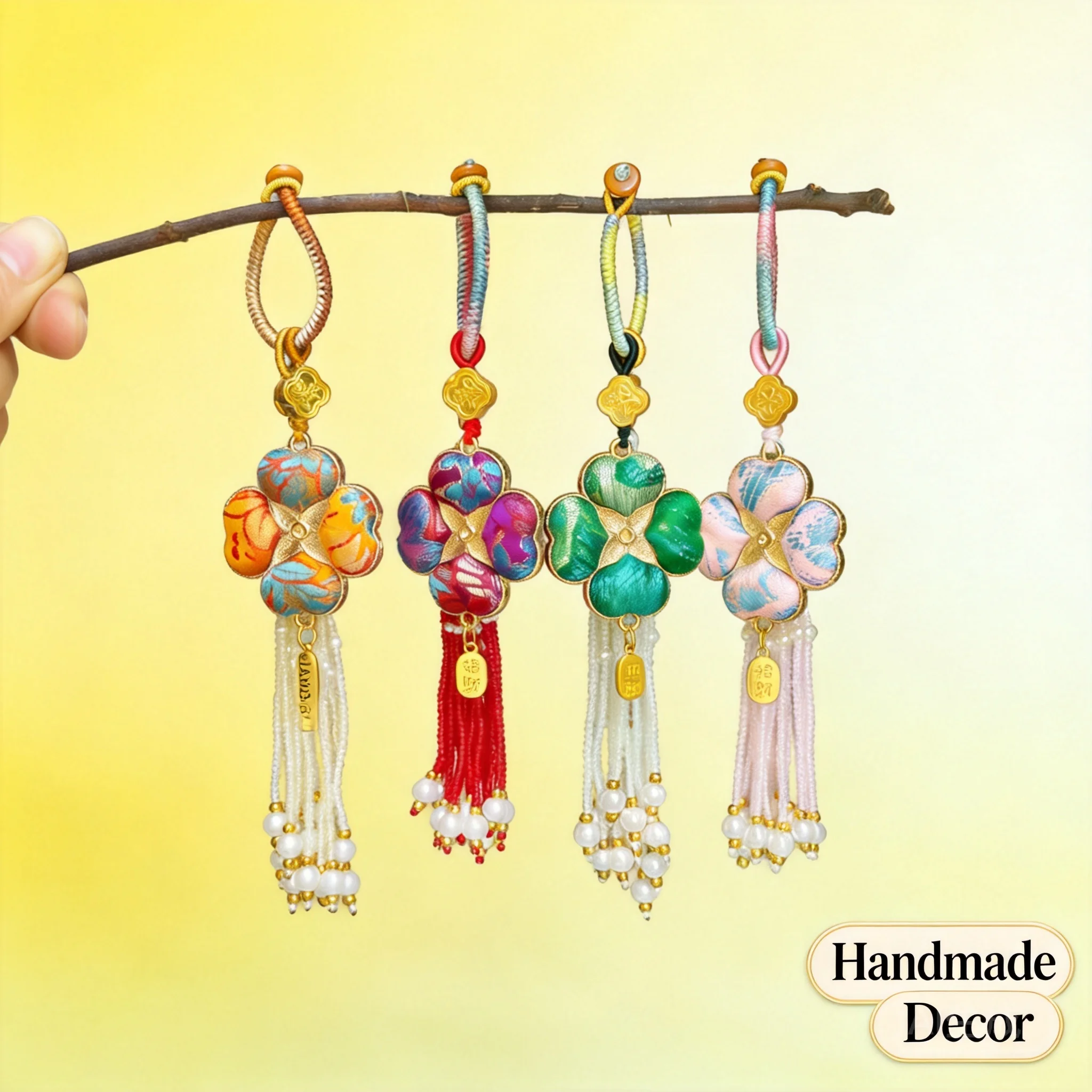 2026 Chinese Style Song Brocade Double Sided Four Leaf Clover Pendant Pearl Tassel Hanging Ornament For Bag Car Keychain Decor
