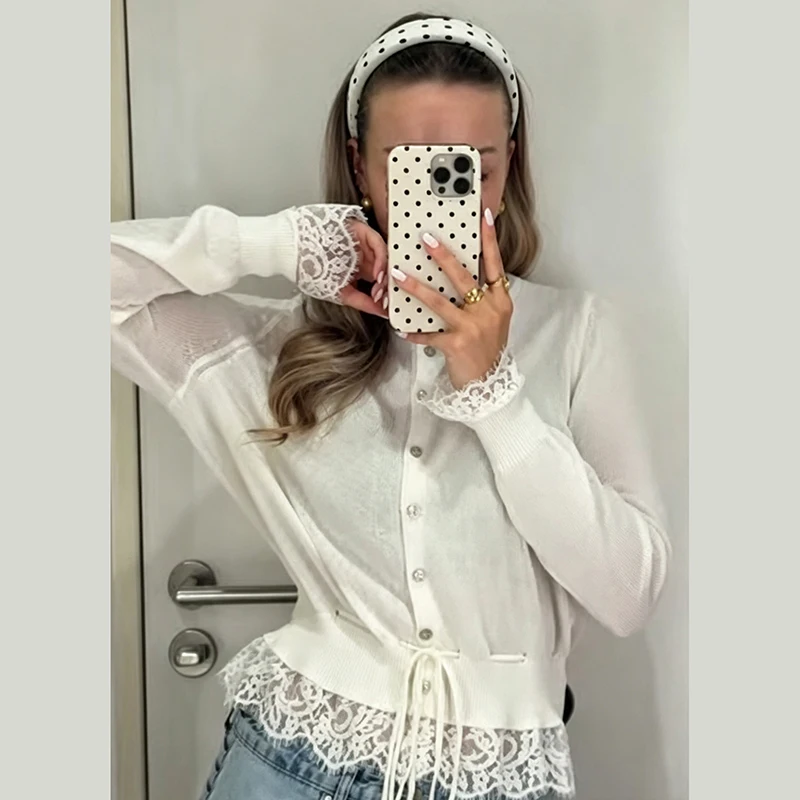 Cropped Lace Trim Lightweight Knitted Cardigan Women Drawstring Waist Pearl Button Knitwear Sweet Casual Ladies Knitted Top