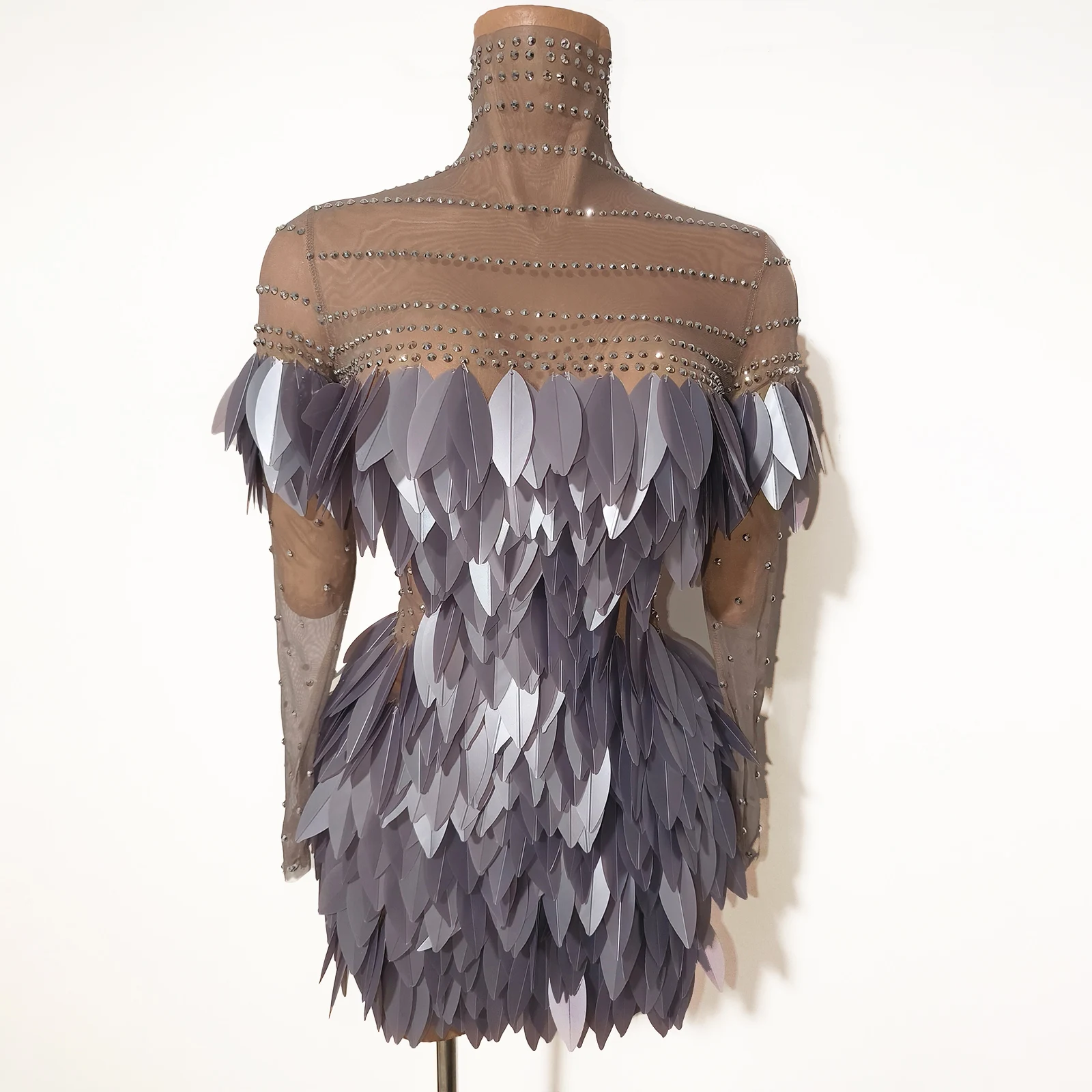 

New Luxury Glitter Rhinestone Skirt 3D Leaf Mesh Transparent Birthday Party Performance Singer Dance GOG Stage Drag Queen Outfit