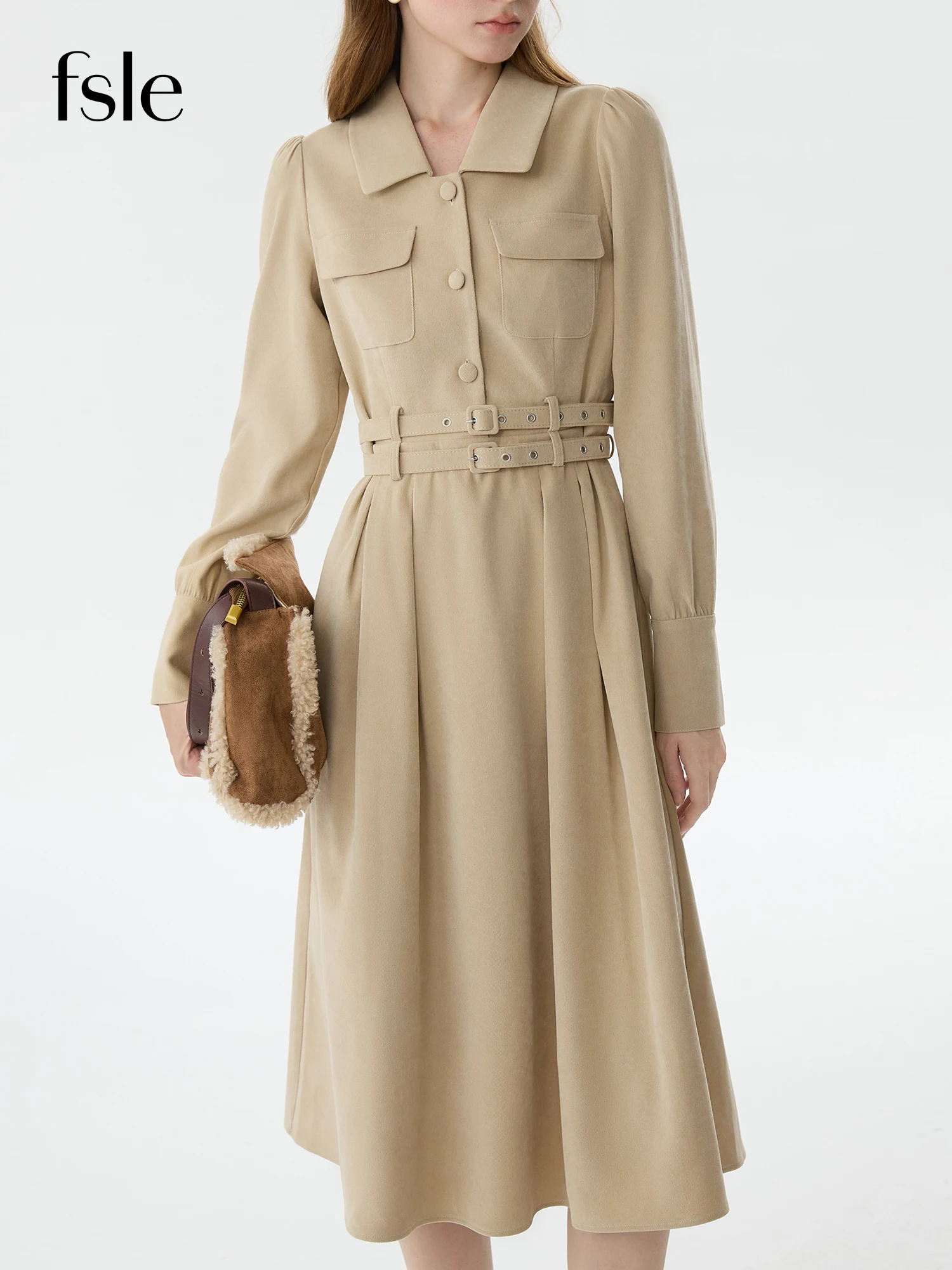 

FSLE Women Winter Long Sleeve Dress Retro Shirt Dress With Sashes 2025 New Arrival Khaki Puff Sleeve Temperament Long Dresses