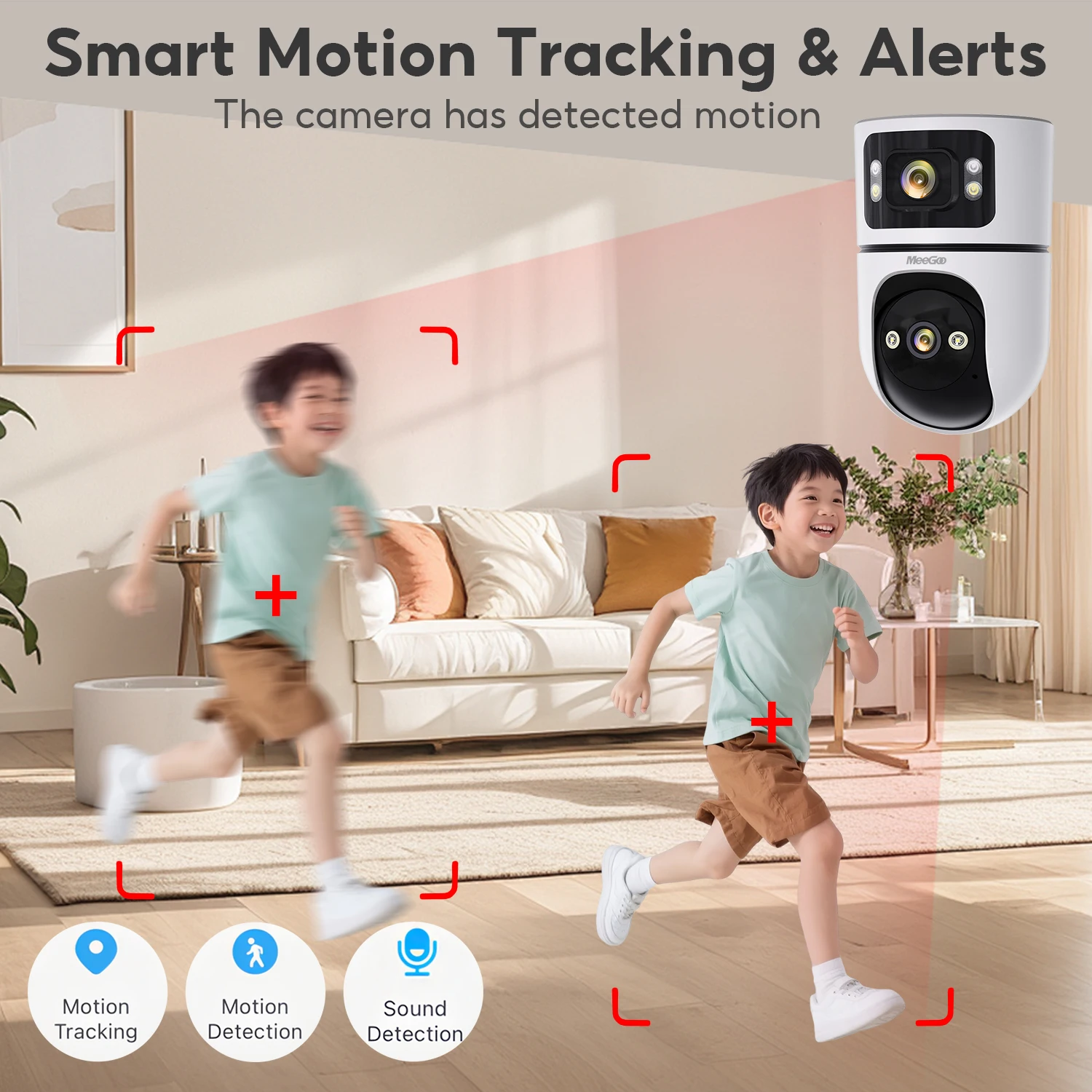 MeeGoo CM15 3MP Dual-Lens WiFi Indoor PTZ Camera, 10m IR/Full-Color Night Vision, AI Human Tracking, Two-Way Audio, CAM180 APP,
