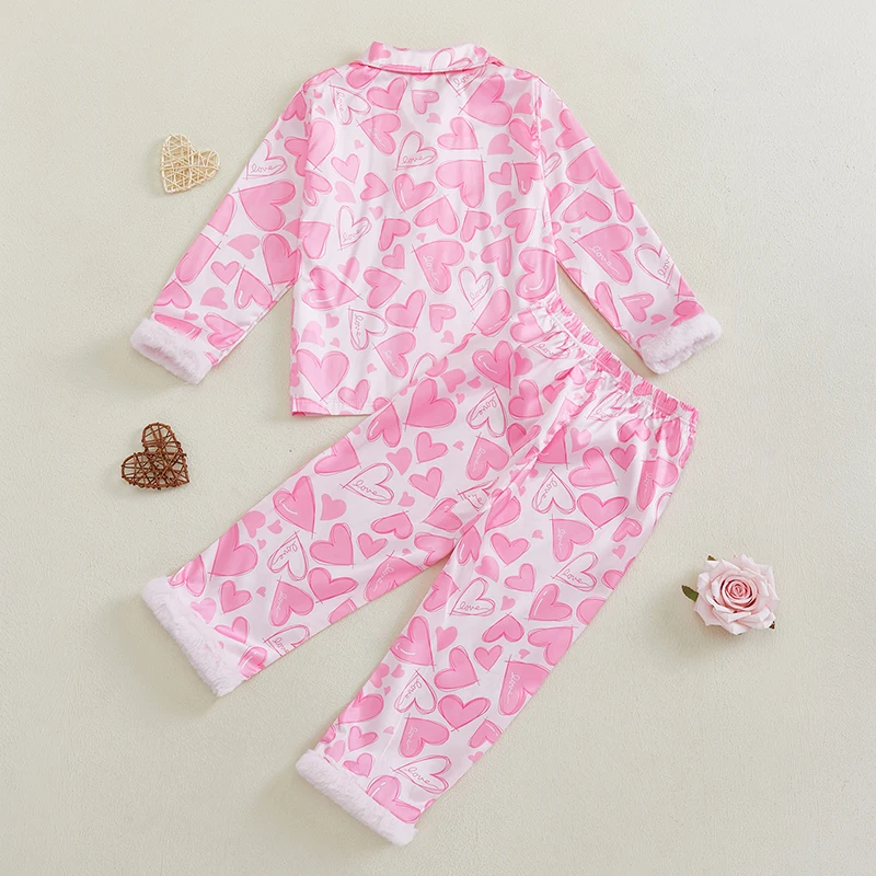 

Valentine s Day Heart Print Pajama Set for Girls with Long Sleeve Lapel Button Down Top and Pants Sleepwear in Pink