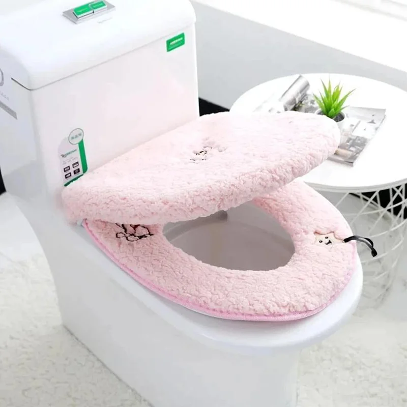 2 PCS/Set Soft Velvet Toilet Pads Household Toilet Ring Cover With Handle Simple Style Solid Color Bathroom Toilet Seat Cushion