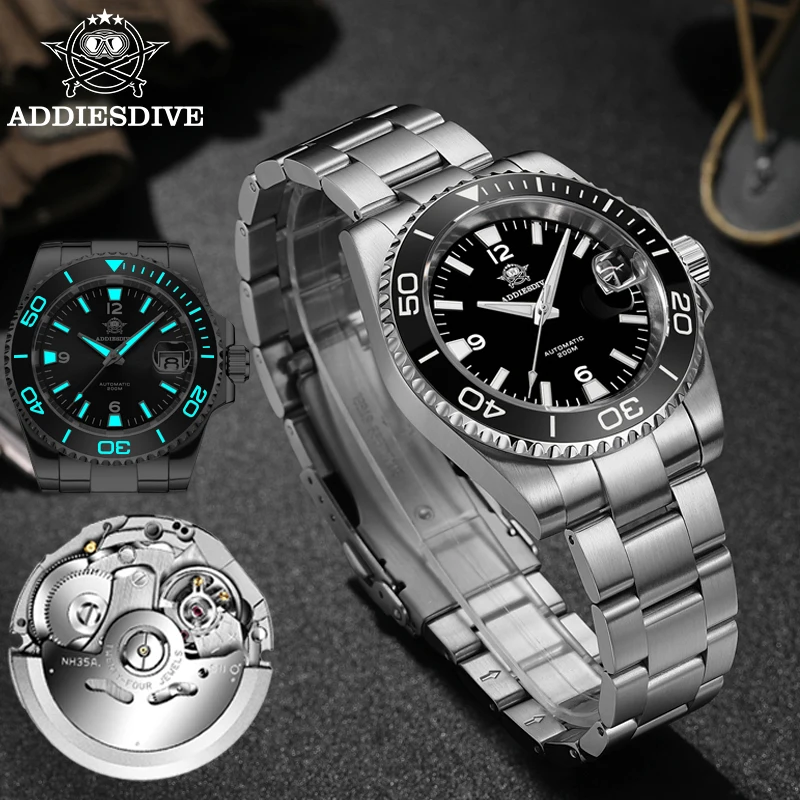 ADDIESDIVE nuevo reloj mecánico automático AD2085 NH35A para hombres zafiro 20Bar relojes luminosos impermeables de acero inoxidable para hombres