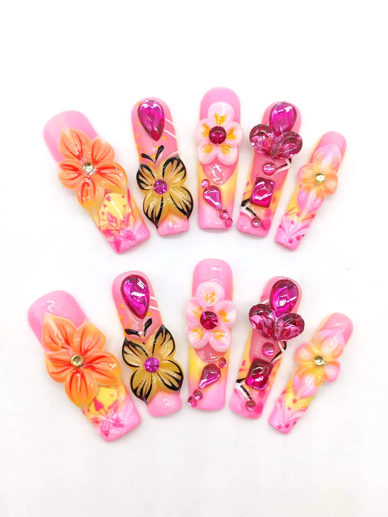 A set of 10 pieces of 45 mm handmade press-on square false nails, available in multiple colors including pink and yellow. The de