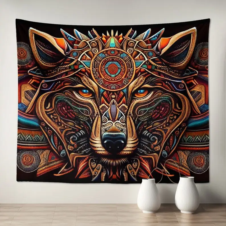 Tribal Wolf Mandala Tapestry Psychedelic Animal Wall Art Bohemian Room Decor Native American Style Hanging