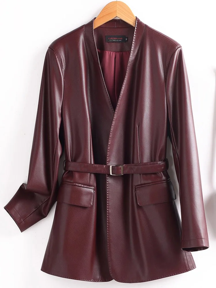 New Women Split Leather Jacket Spring Autumn Fashion V-Neck Long Sleeve Lace-up Slim Waist Trench Casual Leather Coat Female
