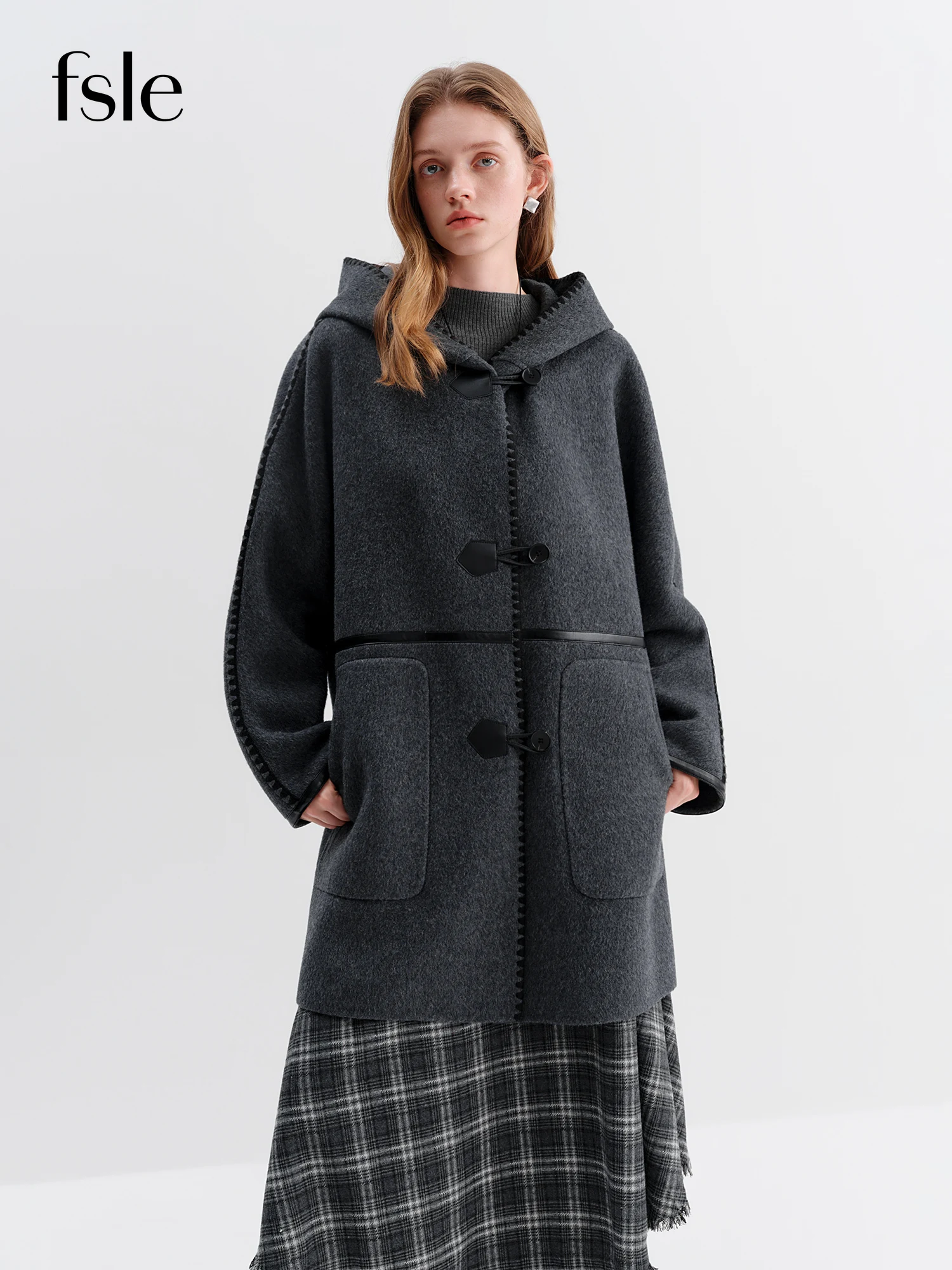 

FSLE Gray Color Block Shell Embroidery Hooded Oversized Tweed Coat Women Flattering Silhouette Winter Outerwear 2025 New Arrival