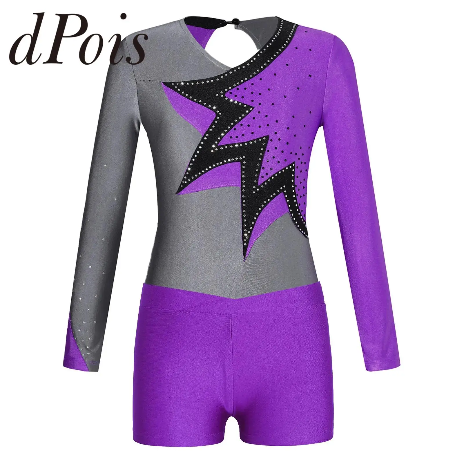 Kids Girls Long Sleeve Shiny Patchwork Gymnastics Leotard with Shorts Skating Bodysuit Dancewear Sets for Dancing Competition