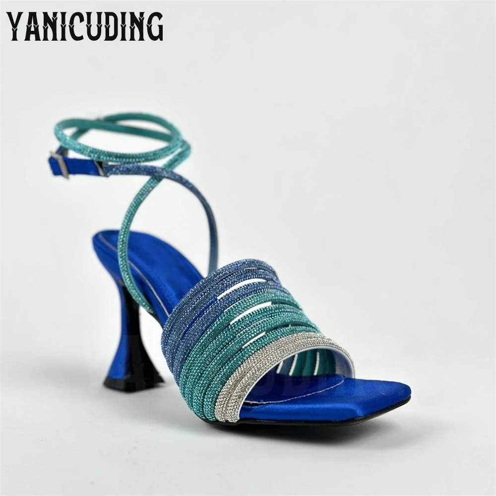 

Luxury Rhinestone Strip Ankle Strap Sandals Square Toe Strange Heel Summer Sandals Shiny Multicolor Crystal High Heels for Women