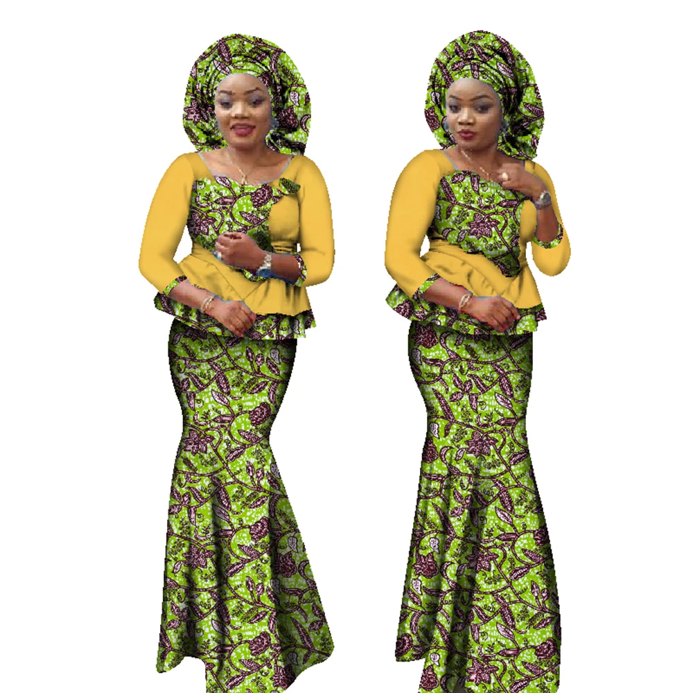 

2 Piece Outfit Set Women African Print Clothing Patchwork Ruffles Tops and Long Skirt Set Headtie Bazin Riche Plus Size WY1304