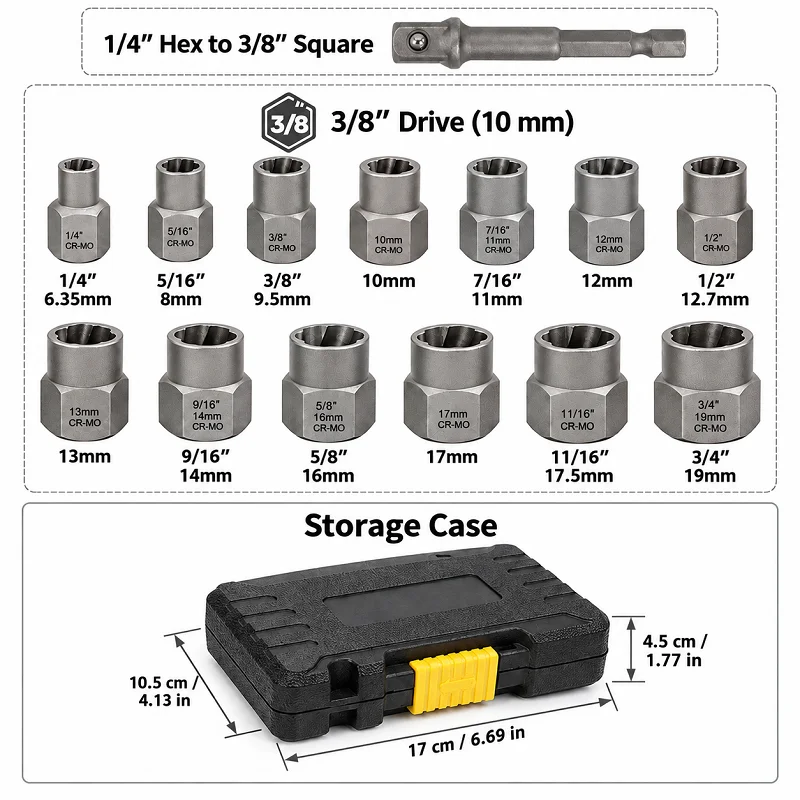 14PCS Damaged Nut Bolt Extractor Socket Set 3/8 Inch Drive Metric SAE CR-MO Steel Remover Tool Kit with Adapter and Storage Case