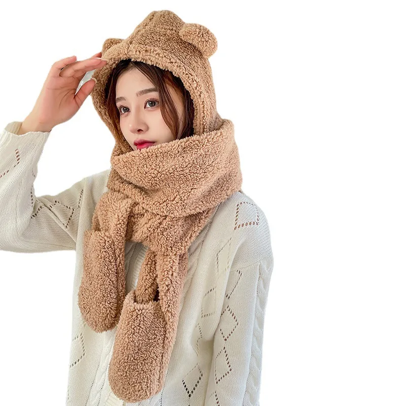 Winter Thickened Bear Hats Scarf All-in-one Female Korean Style Cute Fashion Cycling Ourdoor Warm Fleece E1795