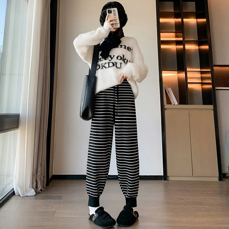 Striped Padded Knitted Pants Women's Drawstring High-waisted Loose Casual Harem Pants Japanese Style Basics Daily Pants Female