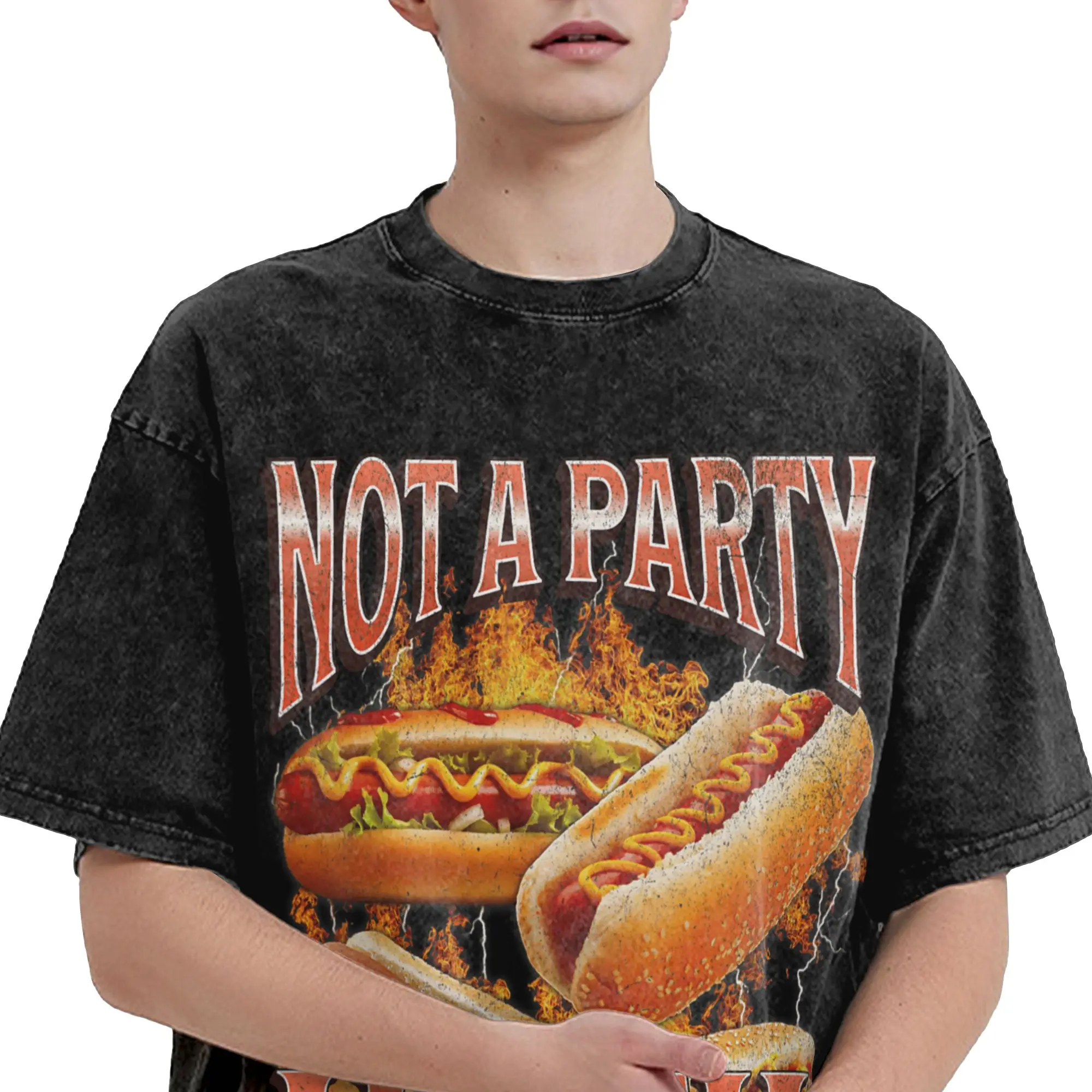 Not A Party Until Glizzy Funny Wiener Hot Dog T Shirts Hip Hop Washed Short Sleeve T-Shirts  Fashion Men Women Streetwear