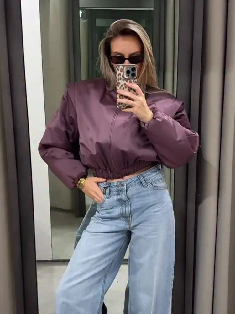 HH Women New Fashion Contoured Shoulder Cotton Clothes Female Solid Zipper Long Sleeves Casual Warm High Street Short Jacket