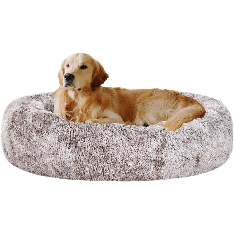 Oval Calming Donut Cuddler Dog Bed,Shag Faux Fur Cat Bed Washable Round Pillow Pet Bed(30