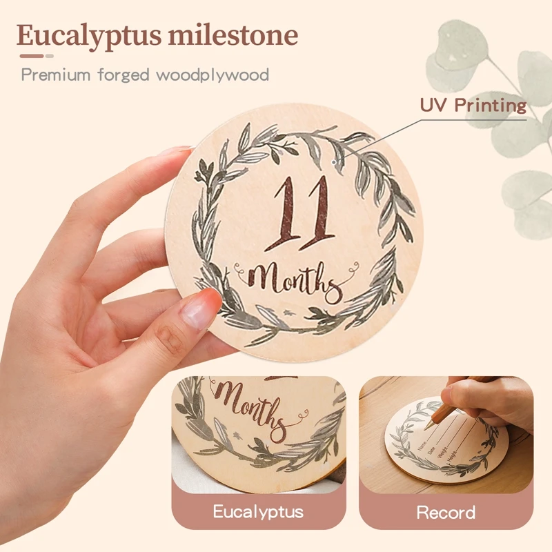 8Pcs Wooden Baby Milestone Cards Number Monthly Memorial Cards Wooden Engraved Age Photography Accessories Baby Birthing Gift