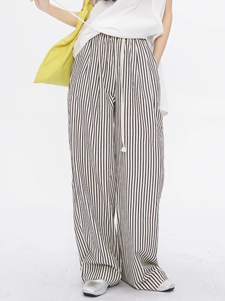 QWEEK Korean Fashion Striped Pants Women Summer Y2K Vintage Drawstring Wide Leg Trousers Oversized High Waist Casual Pants