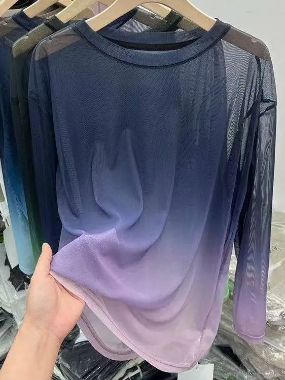 plus Size 300 Pounds Gradient Color Mesh Layered Long Sleeve T-Shirt Summer Lightweight Women's Sun Protection Air Conditioni...
