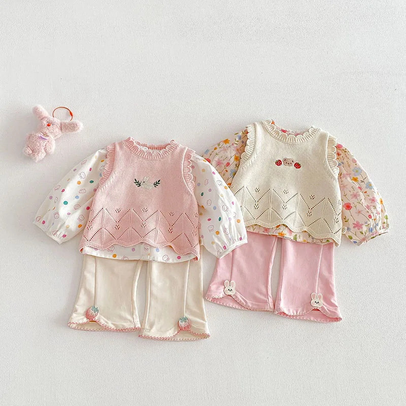 MILANCEL New Spring Kids Knitted Vest 9M-5T Embroidery Bear Girls Tank Top Sweater Sweet Bunny Children Sleeveless Knitwear