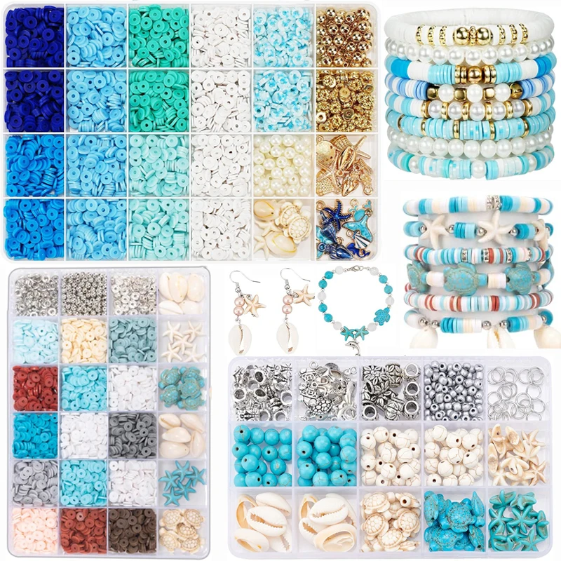 Ocean Summer Vacation Style Friendship Bracelet Making Kit Clay Beads Set for Jewelry Bracelet Necklace Earring Making Diy Craft