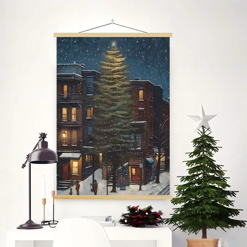 VIKAMA Wall Tapestry Snowy City Street Christmas Tree Red Brick Building Night Winter Holiday Wall Hanging Home Decor Living
