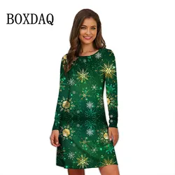 Ponadgabarytowe luźne sukienki damskie boże narodzenie śnieżynka drukuj z długim rękawem elegancka sukienka jesień Casual Classic Mini Streetwear Robe Mujer