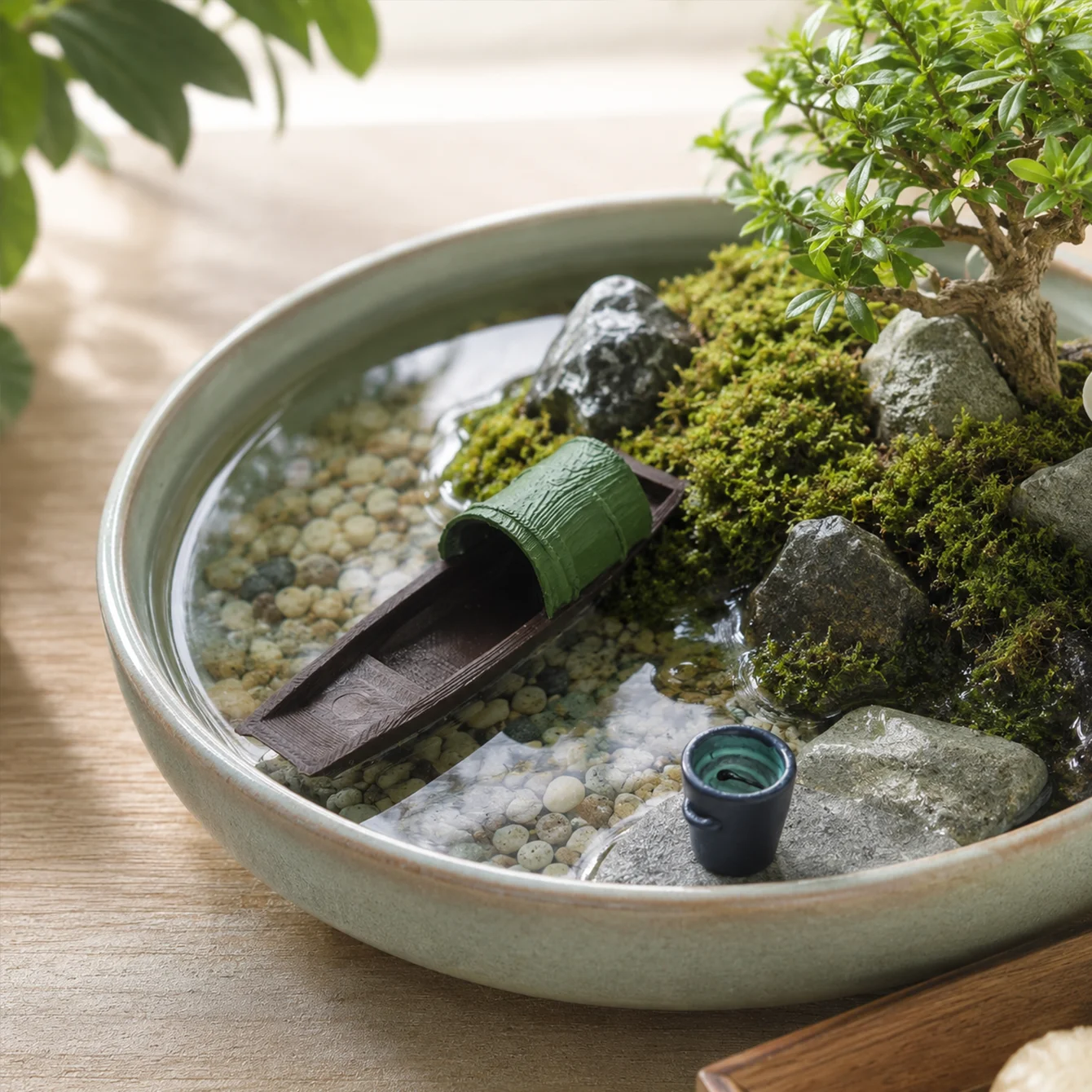Miniatur-Ornament mit Strohdachboot, Strohhut-Kriegerfigur und Landschaftszubehör für Wasser- und Landaquarien, Bonsai und Steingartenlandschaften
