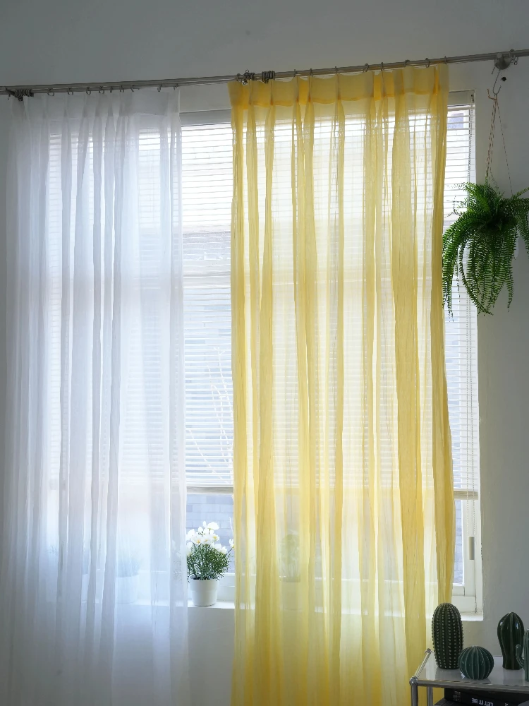 Yellow White Crimped Window Screen Curtains for Living Room Bedroom French Window Balcony Customized Finished Partition Curtain