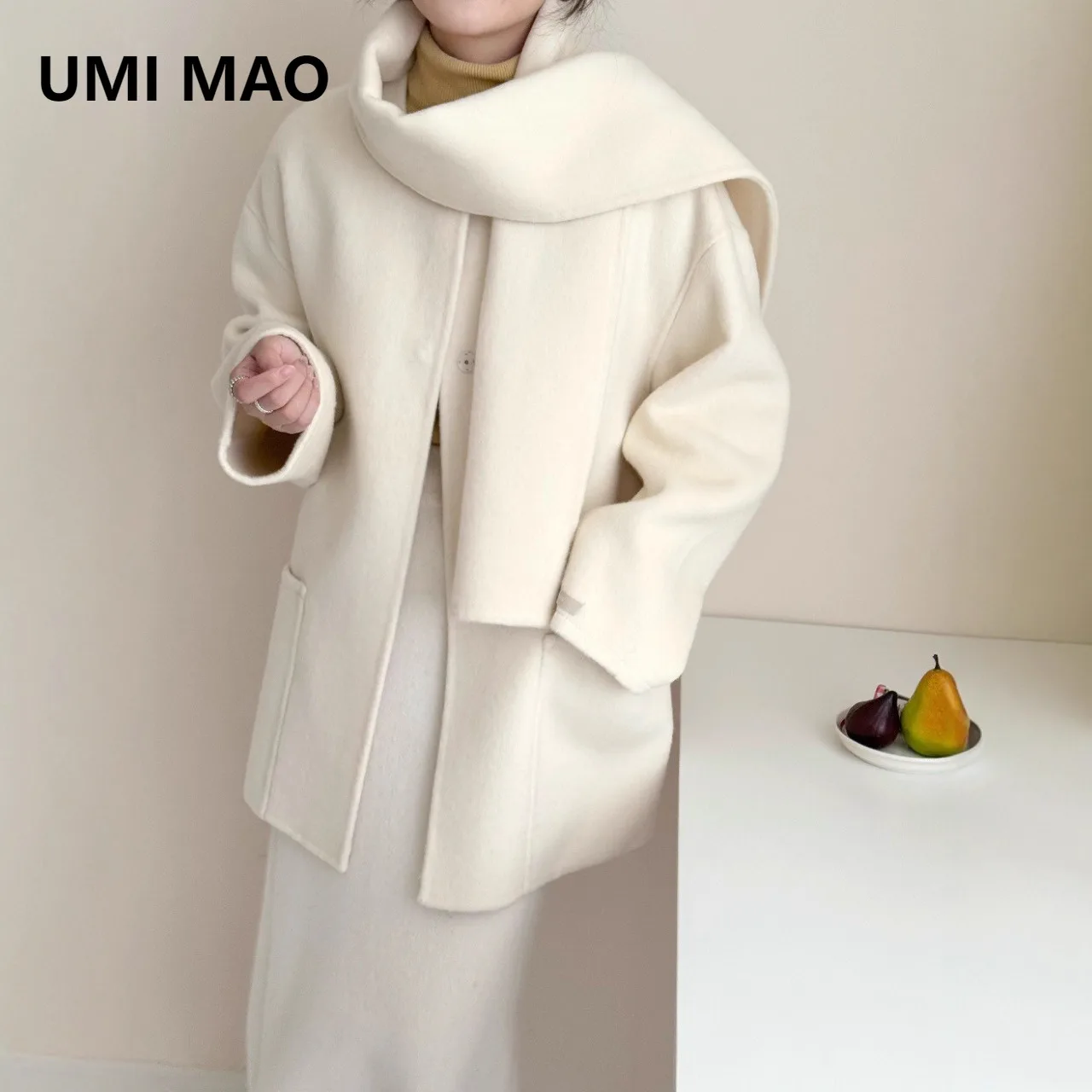 

UMI MAO двустороннее шерстяное пальто с шарфом и воротником для женщин, короткое стильное новое осенне-зимнее дизайнерское шерстяное пальто для женщин Femme Y2K