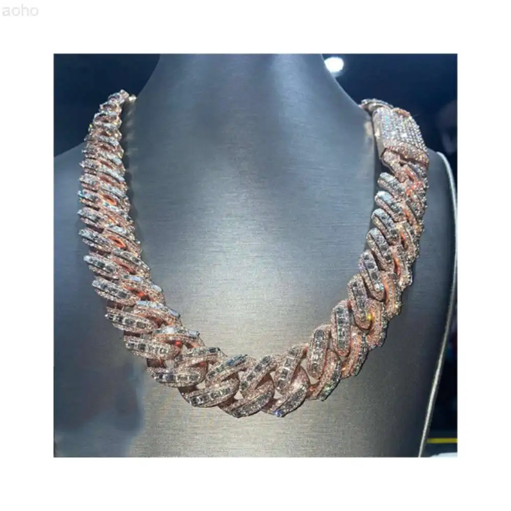 

20mm Baguette Miami Cuban Link Chain Vvs Moissanite Diamond Stubbed 925 Sterling Silver Rose Gold Plated 18-24