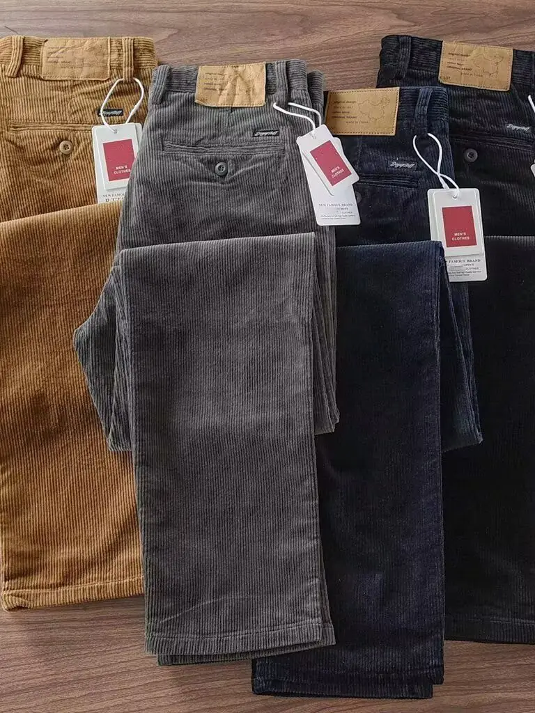 Retro American Thick Corduroy Straight Leg Pants Autumn Winter Men's Washed Warm Slightly Elastic Khaki Casual Trousers