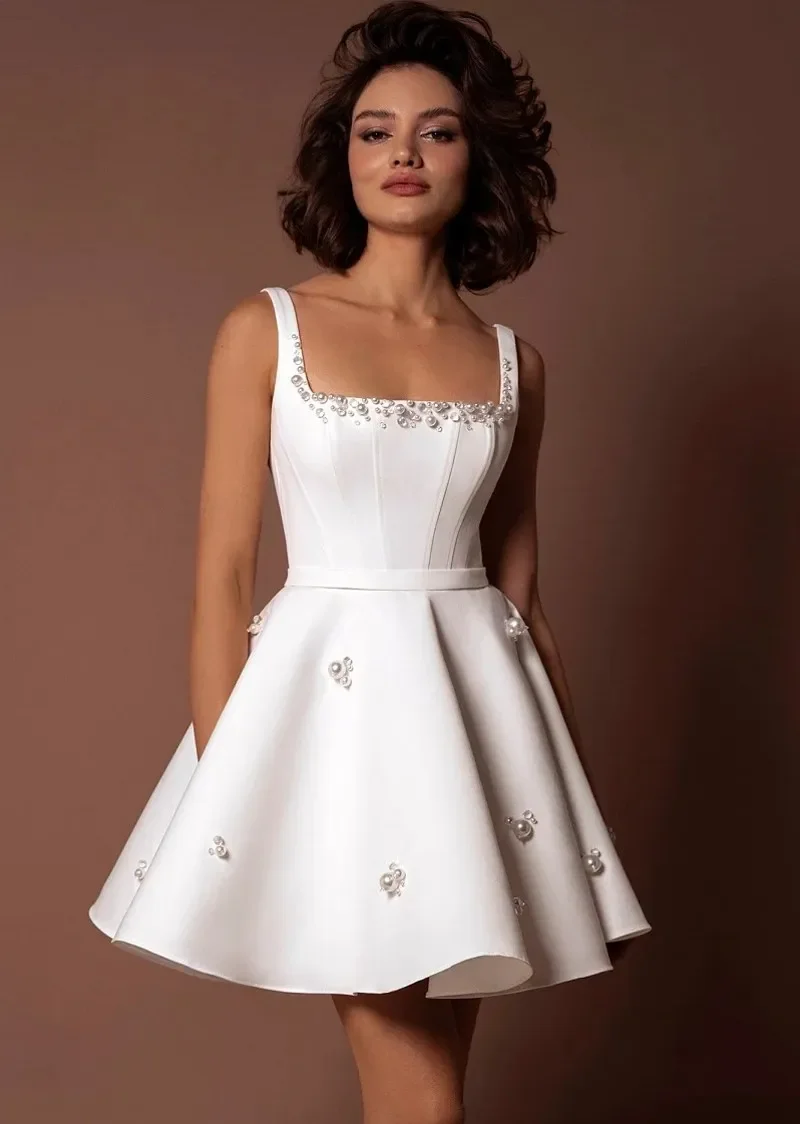 

Customized Classic A-Line White Short Square Neck Pearl Wedding Dress Sexy Sleeveless Bridal Party Dress Vestido De Noiva 2025