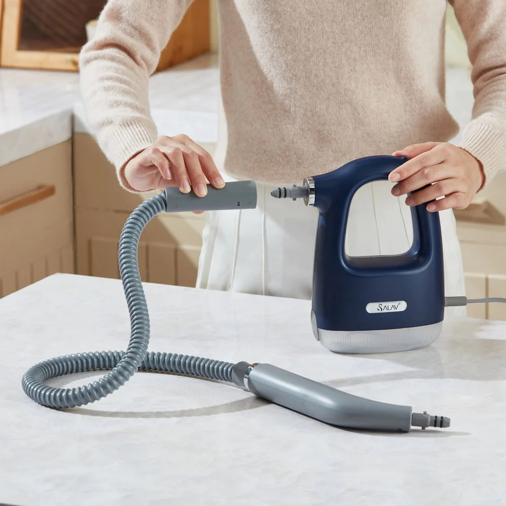Powerful Compact Steam Cleaner 1100W No Pressure Instant Refill 10 Attachments Lightweight Easy Handle 13.5ft Cord Hands-Free