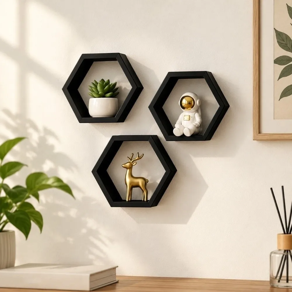 3PCS Wall-Mounted Hexagonal Suspended Storage Rack Nordic Style Wall Decor Wall Hanging Rack Small Decorative