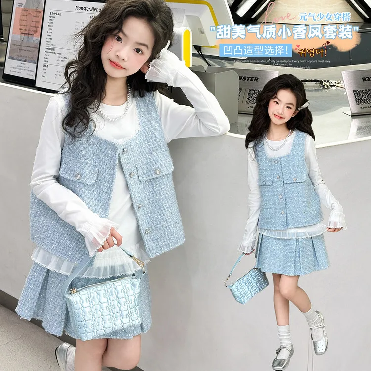 

Весенний шикарный комплект для девочек-подростков: юбка, жилет, белая футболка с рукавами-лепестками, 2/3 предмета, 4-14 лет, детские комплекты одежды, наряды для детей