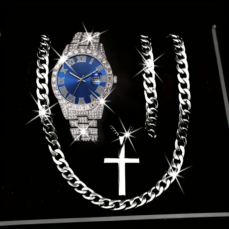 

4PCS/Set Luxury Diamond Men Quartz Watch Stainless Steel Band Calendar Wristwatch Necklace Bracelet Jewelry Set（Without Box）