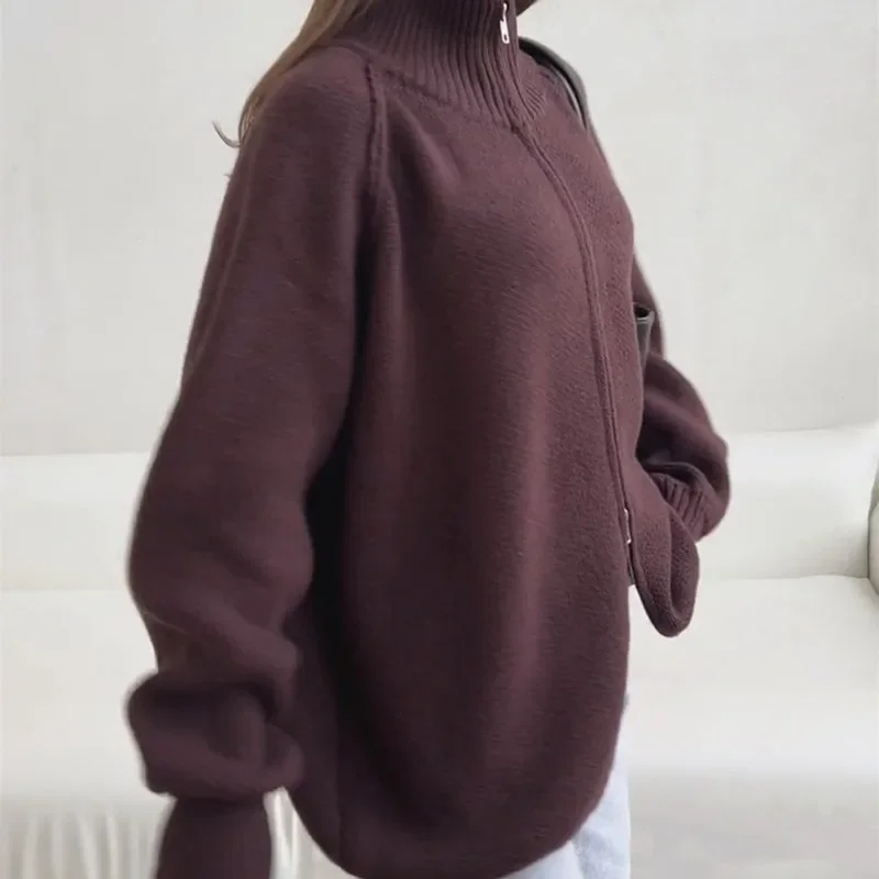 

Женское повседневное свободное вязаное пальто с длинными рукавами, зимнее элегантное мягкое пальто на молнии, осеннее модное однотонное пальто с воротником-стойкой