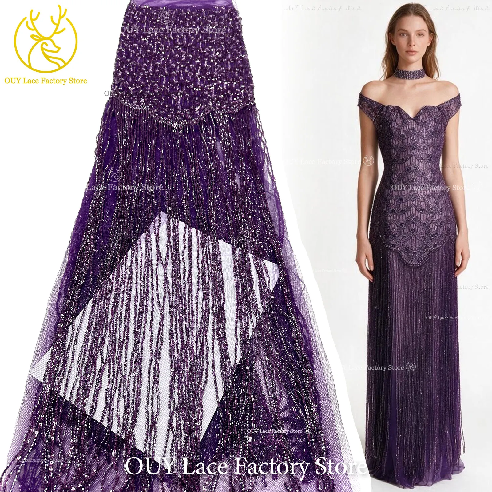 High-End Luxury 3D Tassel Beaded Lace Fabric, Gold Luxury Beaded Sequins Lace Fabric For Party Prom Wedding Dress Sewing 5 Yards